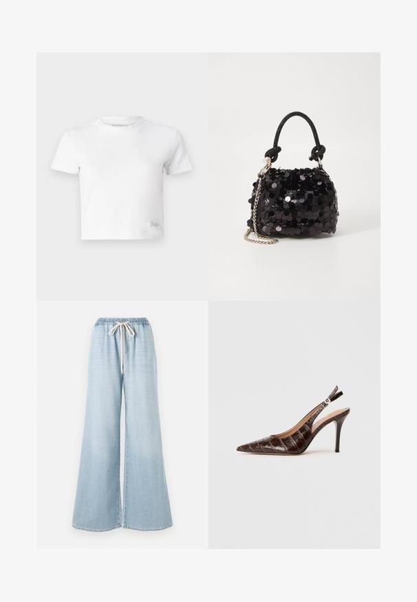Weißes, kurzes T-Shirt aus glattem Baumwoll-Stoff mit hohem Ausschnitt und kurzen Ärmeln. Kleines besticktes Logo in der unteren Ecke.; Hellblaue weit geschnittene Jeans aus Denim, mit einem elastischen Bund und einem Kordelzug sowie einer glatten Textur.; Braune, krokodil-prägierte Leder-Slingback-Pumps mit spitzem Schuhkopf, offenem Seitenbereich und dünnem hohen Absatz. Mit einer Schnallenverstellung gestaltet.; Schwarze Pailletten-Mini-Handtasche mit einem geknoteten, strukturierten Tragegurt und einer silbernen Kette. Abgerundete Form mit gerafftem oberen Teil und reflektierenden Details.