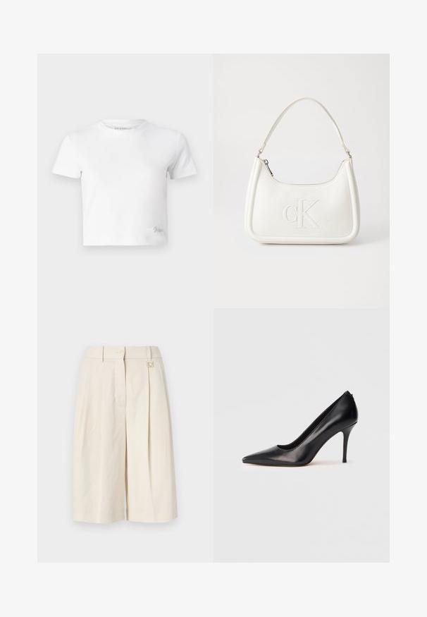 Hvit, cropped t-skjorte laget av glatt bomull, med høy hals og korte ermer. Liten brodert logo i nederste hjørne.; Beige skreddersydde shorts i en plisserte design, med knappelukking og en metalldetalj. Laget av lett stoff med en glatt tekstur.; Svart lærhæl med spiss tå, glatt tekstur og elegant design. Har en slank, forhøyet hæl og en lav utskjæring foran.; Hvit lærveske med en buet fasong, med et preget "CK"-logo på forsiden og en enkel skulderstropp. Glidelåslukking på toppen.