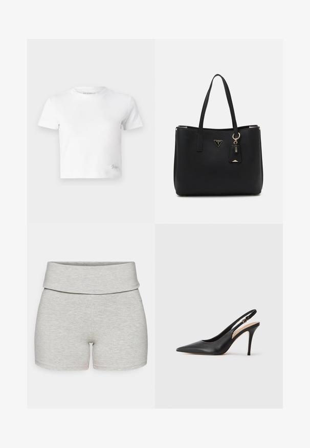 Bijela skraćena majica izrađena od glatkog pamuka, s visokim izrezom i kratkim rukavima. Mali izvezeni logo u donjem kutu.; Svijetlo sivi pamučni šortsevi s širokim, preklopljenim pojasom. Glatka tekstura, uski kroj i bez vidljivih džepova ili dodatnih detalja.; Crna kožna cipelica s visokom petom i otvorenom petom, s oštrim vrhom, glatkom teksturom i delikatnom trakicom s metalnom kopčom.; Crna torba od teksturiranog sintetičkog materijala, s dva ručka, zlatnom oznakom i malom oznakom s detaljima u boji.