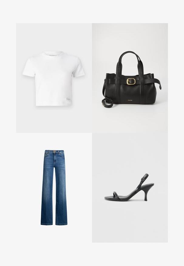Camiseta blanca corta hecha de algodón suave, con un cuello alto y mangas cortas. Pequeño logo bordado en la esquina inferior.; Pantalones vaqueros de pierna ancha en denim índigo, con una cintura alta, herrajes plateados y diseño clásico de cinco bolsillos. Textura suave con un sutil desgaste.; Sandalias de tacón alto de cuero negro con un tacón delgado y curvado y un diseño de tiras cruzadas. Correa para el tobillo ajustable. Textura suave.; Bolso de cuero negro con un diseño estructurado, doble mango superior, detalle de hebilla en tono dorado y logo de la marca grabado en la parte frontal.
