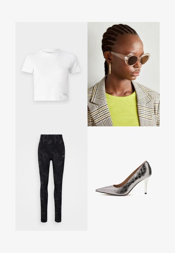 Balta trumpa marškinėlių suapvalinta iš lygios medvilnės, su aukštu iškirpimu ir trumpomis rankovėmis. Mažas išsiuvinėtas logotipas apatinėje kampe.; Juodos leginsai su subtiliu toniniu leopardų rašto motyvu, aukštu liemeniu ir sklandžia tekstūra. Priekyje yra logotipas "ICIW".; Sidabrinė aukštakulnė pumpa, pagaminta iš krokodilo tekstūros dirbtinės medžiagos, su smailiu pirštu ir elegantišku stiletto kulnu su juodu akcentu.; Skaidrios katės akių saulės akiniai su ruda objektyvo spalva ir skaidriais rėmeliais. Modelis vilki žalią raštuotą viršutinę dalį ir languotą švarką. Auksinės apskritos auskarai.