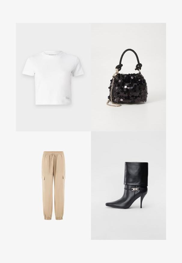 Biely croptop vyrobený z hladkej bavlny, s vysokým výstrihom a krátkymi rukávmi. Malé vyšívané logo v dolnom rohu.; Bežové cargo nohavice z mäkkého materiálu, so elastickým pásom, šnúrkou a bočnými vreckami. Zúžené nohy s elastickými manžetami.; Čierna kožená členková topánka s špicatou špičkou, vysokým ihlovým podpätkom, prehnutým manžetom a zlatým dekoratívnym sponou na členku.; Čierna mini kabelka so štrasom, s uzlovým textúrovaným popruhom a strieborným reťazom. Guľatý tvar s riaseným vrchom a reflexnými detailmi.