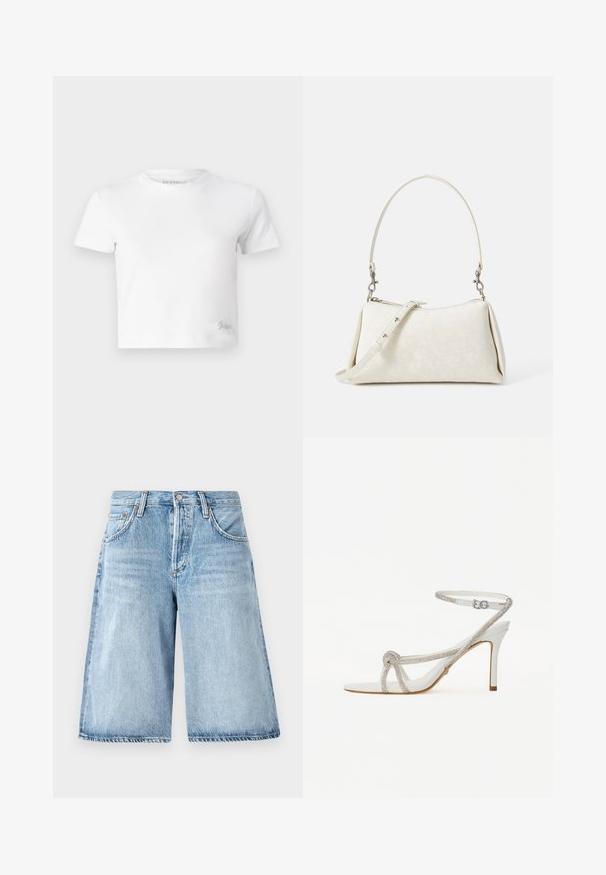 Biała krótka koszulka wykonana z gładkiej bawełny, z wysokim dekoltem i krótkimi rękawami. Mała haftowana naszywka w dolnym rogu.; Jasnoniebieskie szorty dżinsowe o luźnym kroju, z wysokim stanem, pięcioma kieszeniami i delikatnym wyblaknięciem materiału.; Białe sandały na wysokim obcasie z teksturowanym paskiem ozdobionym kryształkami, otwartym noskiem oraz paskiem na kostkę z regulowanym zapięciem.; Biała torebka o gładkiej fakturze, wygiętej sylwetce i regulowanym pasku na ramię. Posiada subtelny wzór logo oraz srebrne akcenty.