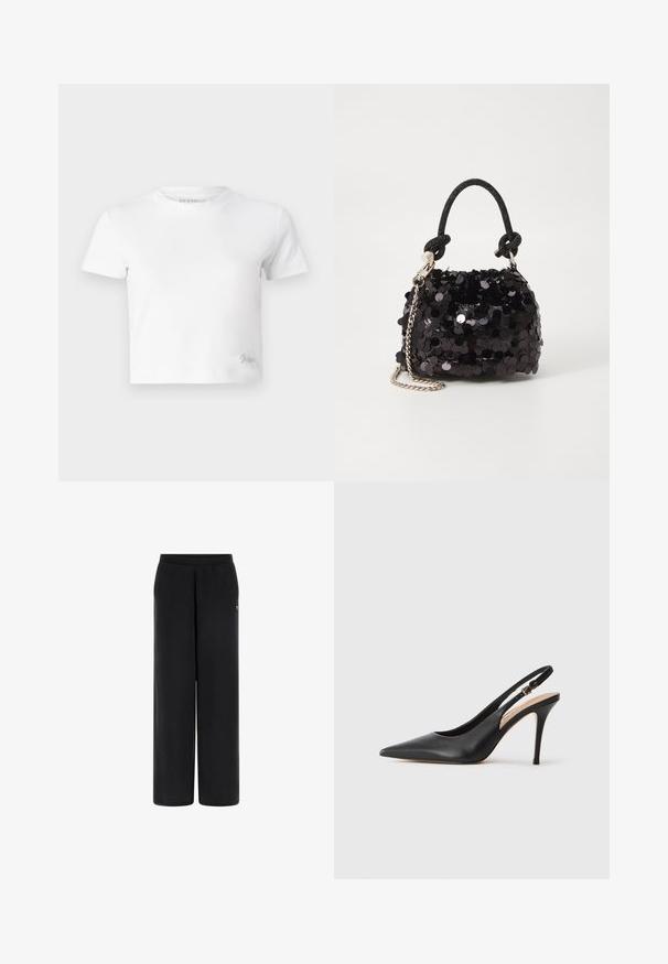 Biała krótka koszulka wykonana z gładkiej bawełny, z wysokim dekoltem i krótkimi rękawami. Mała haftowana naszywka w dolnym rogu.; Czarne spodnie szerokie wykonane z miękkiego materiału z elastycznym pasem w talii. Posiadają mały akcent logo po lewej stronie. Gładka tekstura i dopasowany krój.; Czarny skórzany sandał na obcasie z wydłużonym noskiem, gładką fakturą i delikatnym paskiem z metalową klamrą.; Czarna mini torebka z cekinami, z węzłowym, teksturowanym paskiem i srebrnym łańcuchem. O zaokrąglonym kształcie z marszczoną górą i refleksyjnymi detalami.