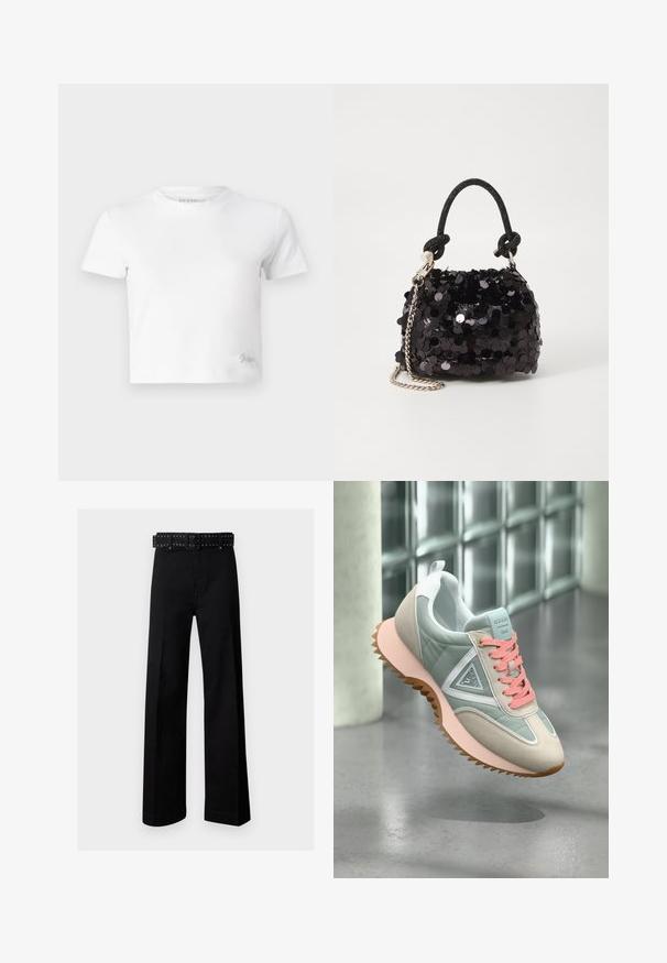 Balta trumpa marškinėlių suapvalinta iš lygios medvilnės, su aukštu iškirpimu ir trumpomis rankovėmis. Mažas išsiuvinėtas logotipas apatinėje kampe.; Juodos plačios kelnės, pagamintos iš medvilnės, su plokščiu priekiu ir kontrastinga, studėmis dekoruota diržo. Turi tiesų kirpimą ir šonines kišenes.; Bateliai pasižymi mėtų žalia ir smėlinės spalvos viršumi, pastelinių rožinių raiščių, baltais akcentais ir smėlio spalvos guminiu padu su zigzagų raštu.; Juodas blizgučių mini rankinukas su mazguotu tekstūruotu dirželiu ir sidabro grandine. Suapvalinta forma su susiraukšlėtopu ir atspindinčiomis detalėmis.