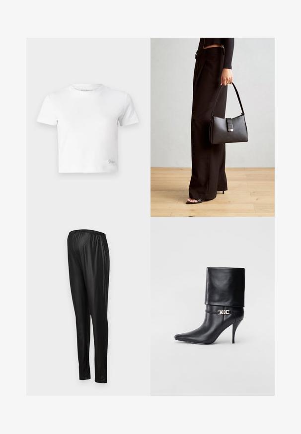 T-shirt cropped branco feito de algodão suave, com um decote alto e mangas curtas. Pequeno logótipo bordado no canto inferior.; Calças pretas, elásticas, feitas de material brilhante, com uma cintura elástica e um design justo. Textura suave e estilo até ao tornozelo.; Bota de tornozelo em couro preto com bico fino, alto salto stiletto, punho dobrado e detalhe decorativo em fivela dourada no tornozelo.; Bolsa preta com forma estruturada, textura suave e um fecho metálico. Combinada com calças largas pretas e sandálias de salto aberto sobre um chão de madeira.