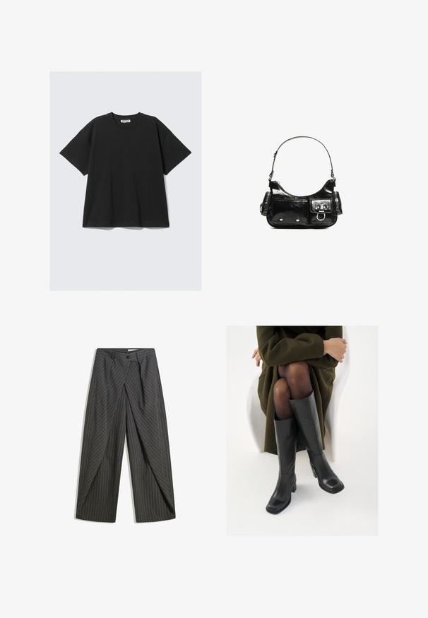 Črna majica s kratkimi rokavi in okroglim izrezom, izdelana iz mehkega bombažnega blaga. Ima sproščen kroj in subtilno oznako blagovne znamke na ovratniku.; Sive prugaste hlače s udobnim krojem, z enim gumbom za zapiranje, naborki in širokimi hlačnicami.; Črne usnjene čevlje do kolen s kvadratnim prstom in blok peto, prikazani na modelu, ki sedi v olivno zeleni plašču. Gladka tekstura, minimalne podrobnosti.; Črna lakasta usnjena torbica s ukrivljeno obliko, enim ramenskim trakom, sprednjimi žepi in srebrnimi kovinskimi dodatki.