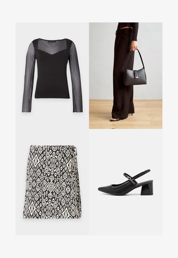 Schwarzes Langarmoberteil mit transparenten Mesh-Ärmeln und Oberkörper, solidem Oberteil, quadratischem Ausschnitt und figurbetonender Silhouette.; Schwarz-weiße Tasche mit einem geometrischen Diamantmuster, hergestellt aus einem Stoff mit strukturiertem Finish. Entworfen mit einem Klappenverschluss.; Schwarze Lackleder-Slingback-Absätze mit spitzer Zehenform, einem runden Ausschnitt-Design und einem Blockabsatz. Mit einem goldfarbenen Schnallenakzent.; Schwarze Handtasche mit strukturierter Form, glatter Textur und einem metallischen Verschluss. Kombiniert mit weiten schwarzen Hosen und offenen Sandalen auf einem Holzboden.