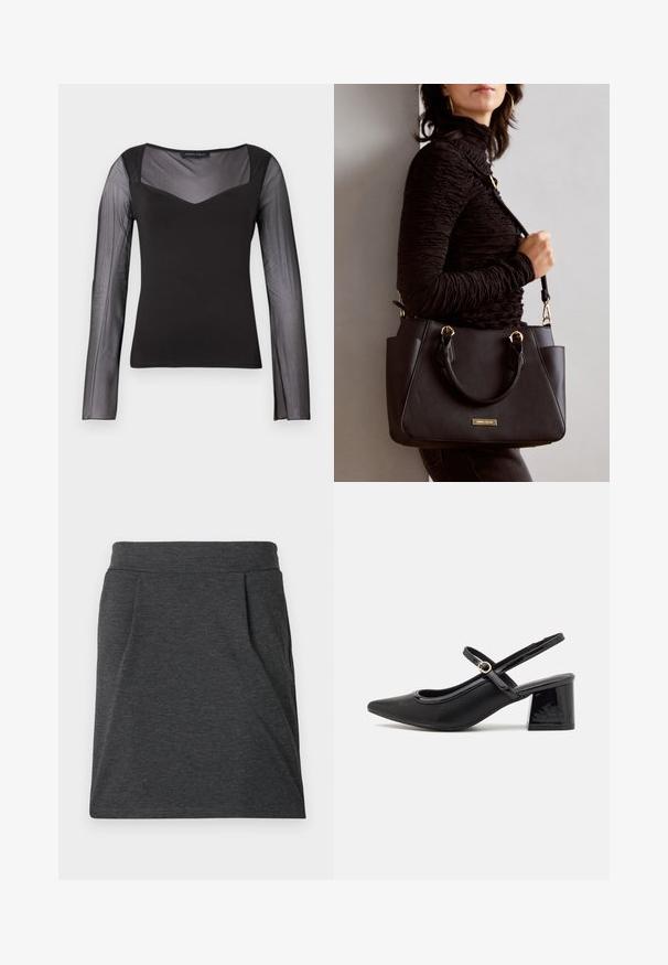 Zwarte lange mouwen top met doorschijnende netmouwen en bovenste borststuk, solide lijfje, vierkante halslijn en aangesloten silhouet.; Donkergrijze stoffen rok met een aansluitende tailleband, voorzien van plooien voor extra textuur. Rechte snit, minimale stikseldetails en geen patronen.; Zwarte gepolijste leren slingback hakken met een spitse neus, een ronde uitsnede en een blokhak. Voorzien van een gouden gespaccent.; Zwarte handtas met gestructureerd oppervlak, dubbele bovenhandvatten en verstelbare schouderriem. Voorzien van goudkleurige hardware en zijzakken.