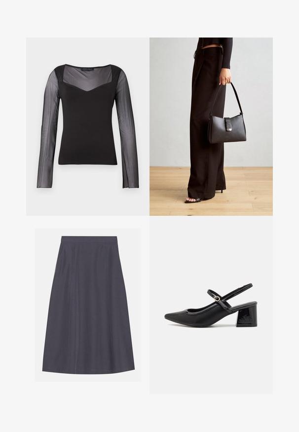 Zwarte lange mouwen top met doorschijnende netmouwen en bovenste borststuk, solide lijfje, vierkante halslijn en aangesloten silhouet.; Een A-lijn, donkergrijze rok van een gladde stof met zijzakken, voorzien van een schone tailleband en subtiele stikdetails.; Zwarte gepolijste leren slingback hakken met een spitse neus, een ronde uitsnede en een blokhak. Voorzien van een gouden gespaccent.; Zwarte handtas met gestructureerde vorm, gladde textuur en een metalen sluiting. Gecombineerd met brede zwarte broeken en sandalen met open teen op een houten vloer.