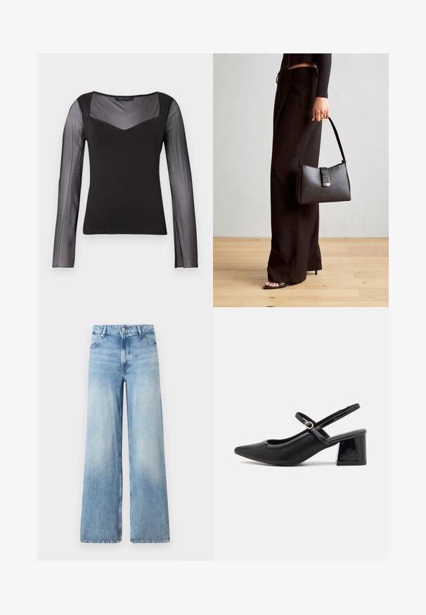 Svart långärmad topp med genomskinliga meshärmar och övre del, enfärgad kropp, fyrkantig halsringning och figurnära silhuett.; Ljust blå denim byxor med vida ben, med en urblekt textur, fem fickor, bälteshällor och en framtill placerad knapplåsning och dragkedja.; Svarta lackläder slingback-klackar med spetsig tå, en rundad utskärning och en blockklack. Utsmyckad med en spänne i guldton.; Svart handväska med strukturerad form, slät yta och metallspänne. Matchad med vida svarta byxor och sandaler med öppen tå på trägolv.