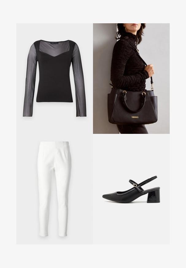Fekete, hosszú ujjú felső, áttetsző hálós ujjakkal és felső részen, egyszínű testtel, négyzet alakú dekoltázzsal és testhez simuló szabással.; Fehér, slim-fit nadrág, texturált anyagból, magas derékkal és minimális varrásokkal a tiszta sziluett érdekében. Ideális hétköznapi viseletre.; Fekete lakk bőr, pántos magassarkú cipő, hegyes orral, lekerekített kivágással és tömbsarkal. Arany színű csat díszíti.; Fekete kézitáska texturált felülettel, dupla felső fogantyúval és állítható vállpánttal. Arany színű fém kiegészítők és oldalsó zsebek találhatók rajta.