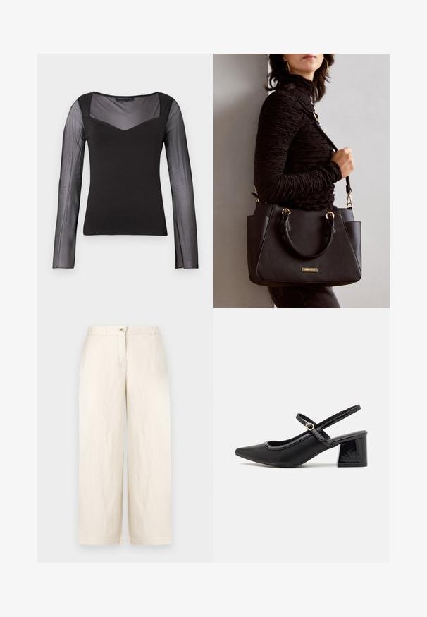 Svart topp med lange ermer, laget av gjennomsiktig mesh på ermene og øvre del av brystet, solid byste, firkantet hals og tettsittende silhuett.; Beige vidt gående bukser i et let stof, med knaplukning, bæltestropper og rene sømme. Glat tekstur og minimalistisk design.; Sorte lakk lær slingback hæler med spiss tå, et avrundet utskjæringsdesign og blokkheel. Har en gulltone spenne som detalj.; Svart håndveske med teksturert overflate, doble topphåndtak og justerbar skulderrem. Har detaljer i gulltone og sidelommer.