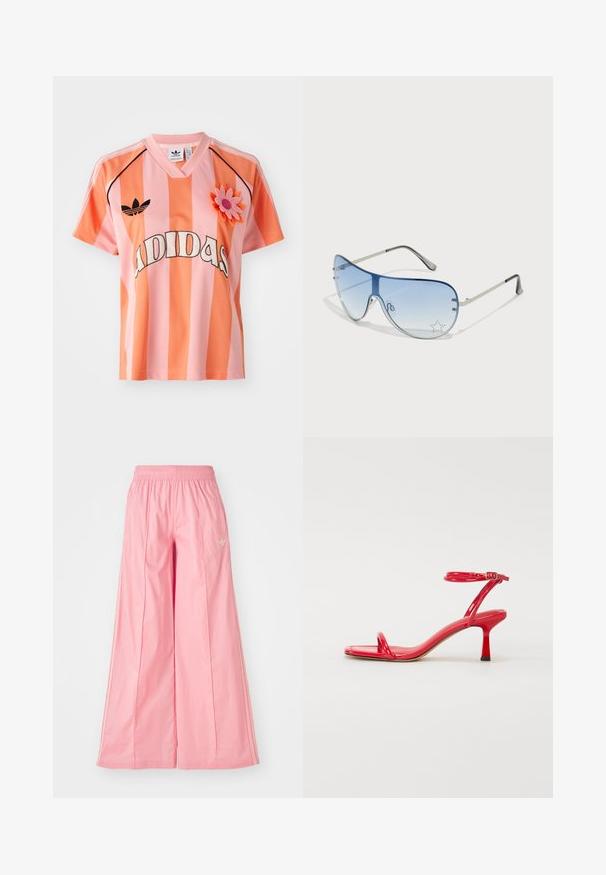 Vaaleanpunainen ja oranssi raidallinen Adidas-paita, jossa on V-pääntie, lyhyet hihat ja kukka-applikaatio. Edessä on logo ja mustia yksityiskohtia.; Vaaleanpunaiset leveät housut, jotka on valmistettu kevyestä kankaasta. Niissä on joustava vyötärö ja huomaamattomat valkoiset sivuviivat. Pieni logo edessä.; Punaiset kiiltävät korkokengät, joissa on kaksi kapeaa remmiä varpaiden yli ja soljella kiinnitettävä nilkkaremmi; neliön muotoinen kärki, 5 cm korkea korko.; Aviator-mallin aurinkolasit, jotka ovat varustettu gradienttisilla sinisillä linsseillä, hopeisella metallikehyksellä ja koristeellisilla tähtikoristeilla linsseissä. Joustava ja viehättävä muotoilu.