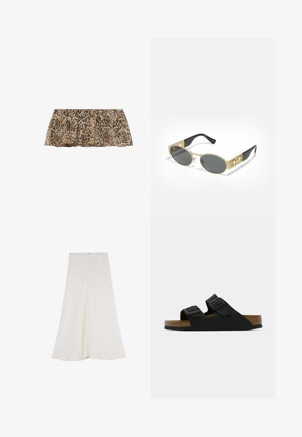 Leopard print, lightweight fabric ruffle hem top featuring a soft, sheer texture with pleated design and a neutral color palette.; A white, mid-length skirt made of textured fabric, featuring a flared design and a concealed zipper at the back for closure.; Black sandal with two adjustable buckles, a cork footbed, and a textured, rubber sole. Features a minimalist design and open-toe style.; Oval sunglasses with a gold metal frame and gray lenses. Features black acetate arms with gold accents and logo detail on the sides.