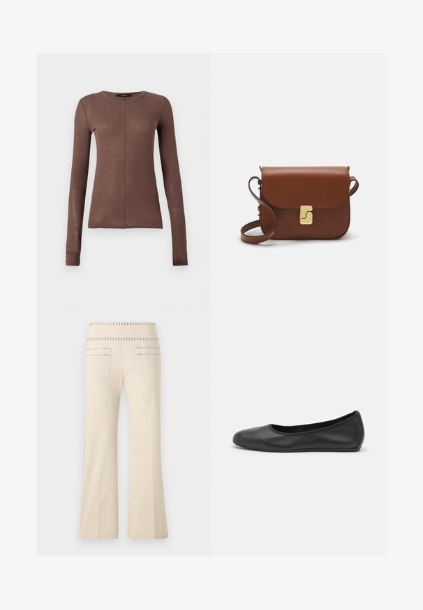 Brown long-sleeve top made of lightweight, smooth fabric. Features a round neckline and subtle front seam detail.; Cream-colored flared pants with studded accents along the waistband and back pockets, made from soft, textured fabric.; Black leather ballet flat with a rounded toe, smooth texture, minimal stitching detail, and a flexible sole design.; Brown leather handbag with a flap closure, gold-tone hardware, a shoulder strap, and a smooth texture. Compact rectangular shape.