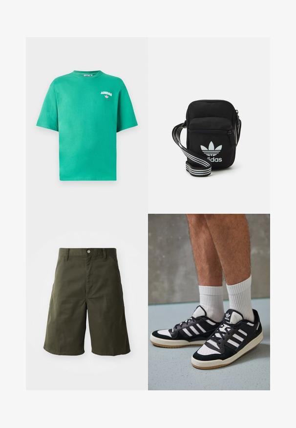 Zelena bombažna majica s kratkimi rokavi in okroglim izrezom, na prsih izšit logotip "ADIDAS", pod napisom pa je cvetlični detajl.; Zeleni bombažni šortsi s pravilno oblikovanimi nogami, z gumbom za zapiranje in stranskimi žepi. Gladka tekstura, dolžina do kolen.; Črno-bele superge z zgornjim delom iz usnja in nubuka, ki imajo tri bele črte, perforiran vrh prstov in podplat iz gume.; Črna tkaninska torbica čez ramo z zadrgo, ki vsebuje belo Adidasovo logo in pridelano naramnico z več črtami za enostavno nošenje.