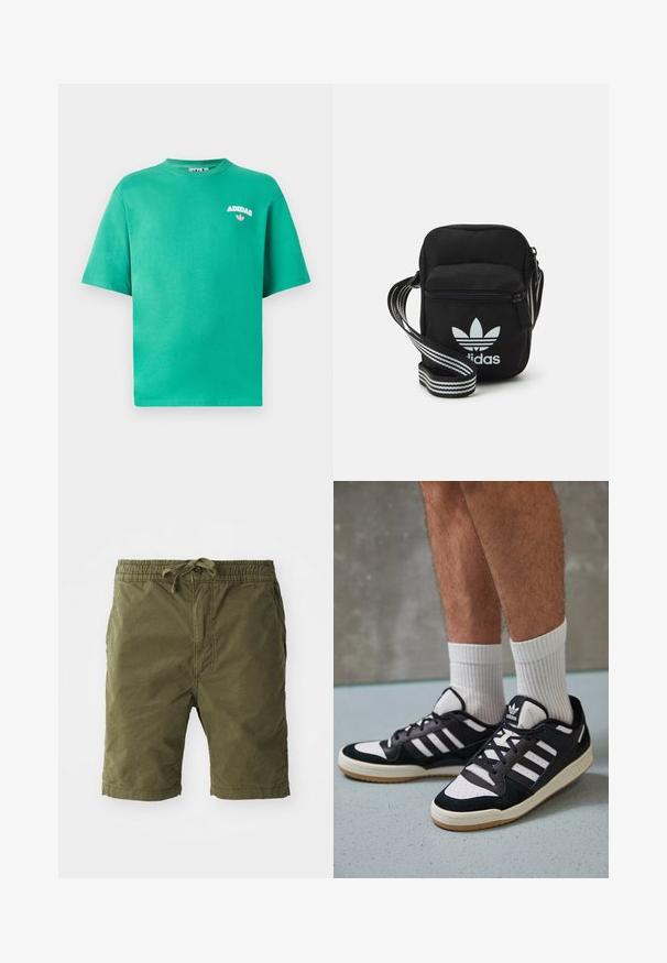 Zöld pamut póló kerek nyakkivágással, rövid ujjakkal, a mellkasán hímzett "ADIDAS" logóval, amely alatt virágos díszítés található.; Olajzöld rövidnadrág, puha, textúrált anyagból készült. Rugalmas derékkal és zsinórral rendelkezik, valamint oldalsó zsebek találhatók rajta.; Fekete-fehér tornacipők velúr és bőr felsőrésszel, három fehér csíkkal, perforált orral és gumi talppal.; Fekete anyagú, keresztpántos táska cipzáras záródással, fehér Adidas logóval és csíkos állítható pánttal a könnyű hordozás érdekében.