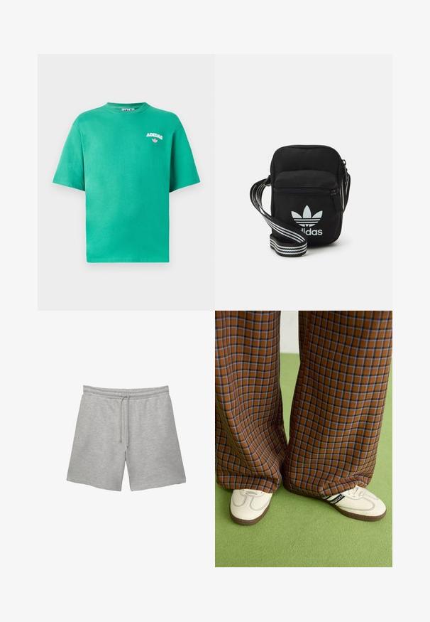 Zelena bombažna majica s kratkimi rokavi in okroglim izrezom, na prsih izšit logotip "ADIDAS", pod napisom pa je cvetlični detajl.; Sive bombažne kratke hlače z elastičnim pasom in vrvico, ki imajo dva stranska žepa in mehak, teksturiran zaključek.; Rjave in modre kariraste hlače širokih nogavic, v kombinaciji z belimi čevlji, ki imajo črne poudarke in teksturirane podplate, na zeleni podlagi.; Črna tkaninska torbica čez ramo z zadrgo, ki vsebuje belo Adidasovo logo in pridelano naramnico z več črtami za enostavno nošenje.