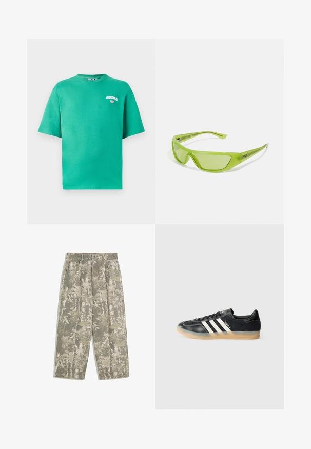 Green cotton t-shirt with a crew neckline, short sleeves, and embroidered "ADIDAS" logo on the chest, featuring a floral accent below the text.; Cargo pants with wide legs in green and beige camouflage leaf and bark pattern, featuring front pockets and belt loops.; Black athletic sneaker with white stripes, textured fabric, smooth leather toe, and a gum rubber sole. Features logo on tongue.; Green sunglasses with a sleek, wraparound design. Made of lightweight plastic, featuring tinted lenses and subtle branding on the temples.