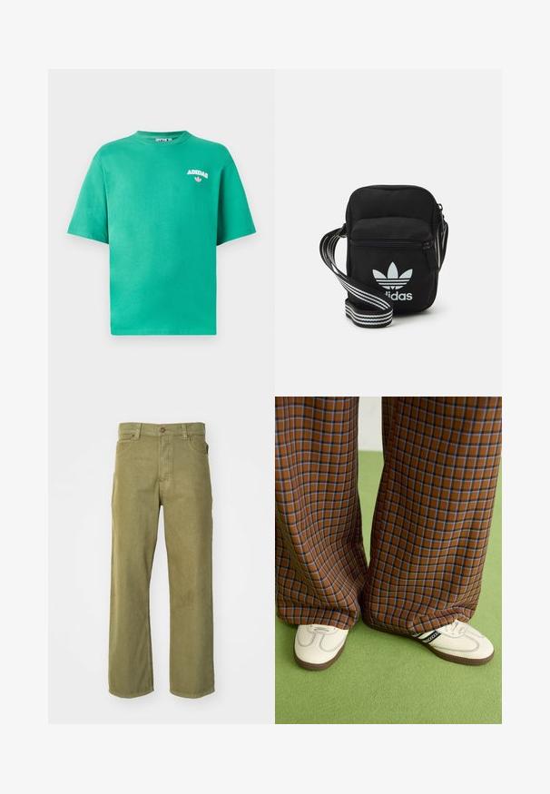 Žalios spalvos medvilninė marškinė su apvalia iškirpte, trumpomis rankovėmis ir išsiuvinėtu "ADIDAS" logotipu ant krūtinės, po tekstu yra gėlių akcentas.; Olivinės žalios tiesios kojos kelnės, pagamintos iš minkštos medvilnės audinio, su priekiniais mygtukais, diržo kilpelėmis ir šoninėmis kišenėmis.; Rudos ir mėlynos langelinės plačios kelnės, derinamos su baltais batais su juodais akcentais ir tekstūruotais padais, prieš žalią foną.; Juodas audinio per petį nešiojamas krepšys su užtrauktuku, turintis baltą Adidas logotipą ir dryžuotą reguliuojamą diržą patogiam nešiojimui.