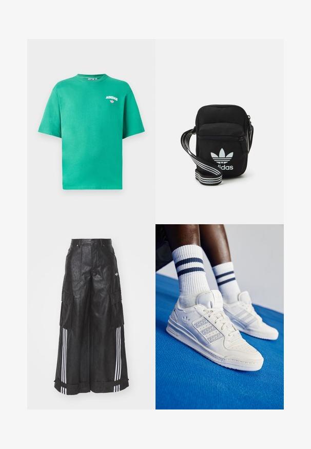 Zelené bavlněné tričko s kulatým výstřihem, krátkými rukávy a vyšitým logem "ADIDAS" na hrudi, pod textem s květinovým akcentem.; Černé široké kalhoty z umělé kůže typu cargo s dvěma bočními kapsami, bílými třemi pruhy podél vnějších nohavic a zapínáním na knoflík.; Bílé kožené tenisky s perforovanými detaily, třemi kovovými pruhy a texturovanou bočním panelem. Nosené s bílými ponožkami s modrými pruhy.; Černá crossbody taška z látky se zipovým uzávěrem, obsahující bílé logo Adidas a pruhovaný nastavitelný popruh pro snadné nošení.