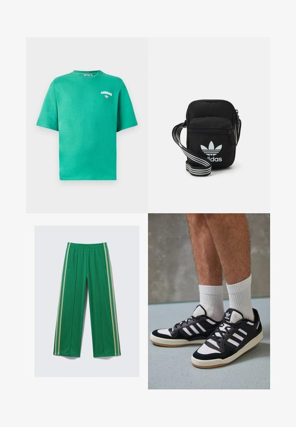 Groene katoenen t-shirt met een ronde halslijn, korte mouwen en geborduurd "ADIDAS" logo op de borst, voorzien van een bloemenaccent onder de tekst.; Groene sportbroek met een beige zigzagstreep aan elke zijde, elastische tailleband en zijzakken, plat gelegd tegen een lichte achtergrond.; Zwart-witte sneakers met een bovenwerk van suede en leer, voorzien van drie witte strepen, een geperforeerde neus en een rubberen gumzool.; Zwarte stoffen schoudertas met een ritssluiting, voorzien van een wit Adidas-logo en een gestreepte, verstelbare schouderband voor gemakkelijk dragen.