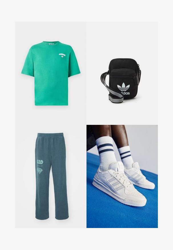 Grünes Baumwoll-T-Shirt mit Rundhalsausschnitt, kurzen Ärmeln und gesticktem "ADIDAS"-Logo auf der Brust, mit floralen Akzenten unter dem Text.; Teal Baumwoll-Sweatpants mit einem elastischen Bund. Mit einem "Star Wars"-Grafik und einem Design, das dem Millennium Falcon auf dem linken Bein ähnelt.; Weiße Leder-Sneaker mit perforierten Akzenten, drei metallischen Streifen und einem strukturierten Seitenpaneel. Getragen mit weißen Socken mit blauen Streifen.; Schwarze Umhängetasche aus Stoff mit Reißverschluss, ausgestattet mit einem weißen Adidas-Logo und einem gestreiften, verstellbaren Tragegurt für einfachen Transport.