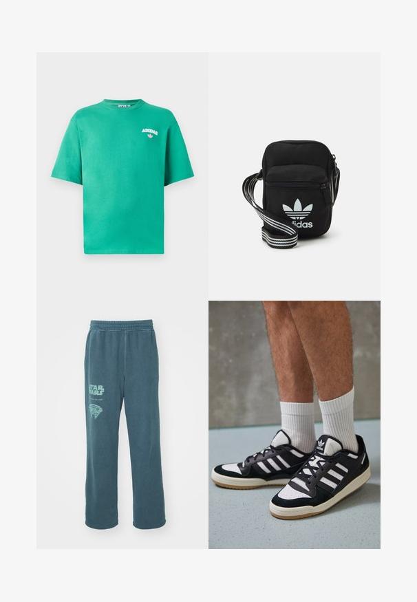 Zaļš kokvilnas T-krekls ar apaļu izgriezumu, īsām piedurknēm un izšūtu "ADIDAS" logo uz krūšu, ar ziedu akcentu zem teksta.; Virkņa kokvilnas sporta bikses zaļā krāsā ar elastīgu jostasvietu. Izceļas ar "Zvaigžņu kari" grafiku un dizainu, kas atgādina Mileniuma falconu kreisajā kājā.; Melnas un baltas kedas ar zamša un ādas augšdaļu, kas aprīkotas ar trim baltām svītrām, perforētu purngali un gumijas zolēm.; Melna auduma crossbody soma ar rāvējslēdzēja aizdari, kurai ir balts Adidas logo un svītrainas regulējamas siksnas ērtiem pārvietošanās veidiem.