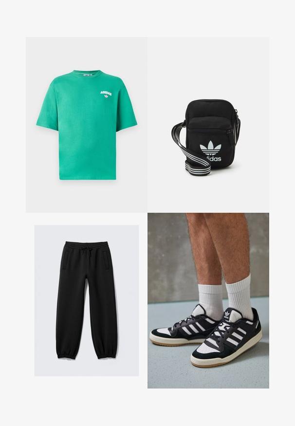 Zelena bombažna majica s kratkimi rokavi in okroglim izrezom, na prsih izšit logotip "ADIDAS", pod napisom pa je cvetlični detajl.; Črne trenirke z vrvico za regulacijo pasu, elastičnimi manšetami in dvema stranskima žepoma. Narejene iz mehkega materiala s gladko teksturo.; Črno-bele superge z zgornjim delom iz usnja in nubuka, ki imajo tri bele črte, perforiran vrh prstov in podplat iz gume.; Črna tkaninska torbica čez ramo z zadrgo, ki vsebuje belo Adidasovo logo in pridelano naramnico z več črtami za enostavno nošenje.
