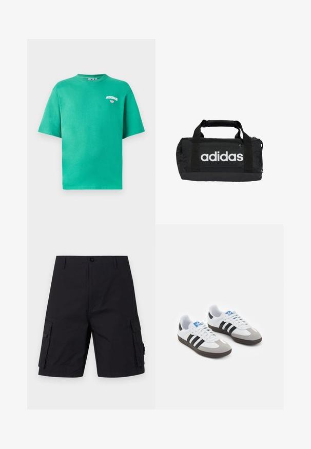Green cotton t-shirt with a crew neckline, short sleeves, and embroidered "ADIDAS" logo on the chest, featuring a floral accent below the text.; Black cargo shorts with a straight cut, made of durable fabric. Features two side pockets and button closure.; Sport shoes with a white leather upper, gray suede toe, and three black stripes. Features a blue logo on the tongue and a textured rubber sole.; Black duffel bag with white Adidas logo, made of durable fabric. Features two handles and zip closure. Textured finish with reinforced base.