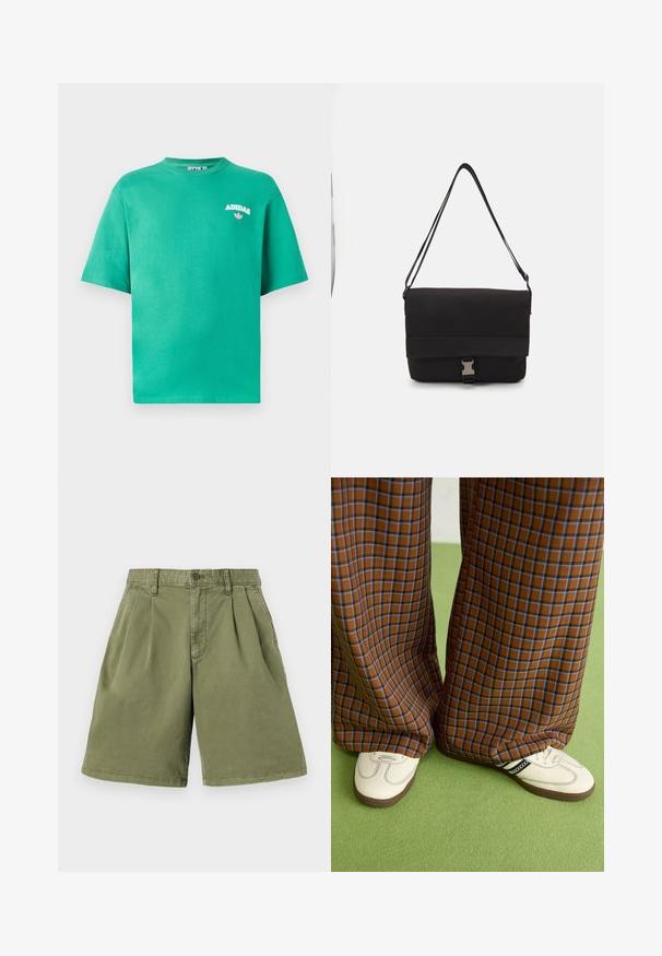 Zöld pamut póló kerek nyakkivágással, rövid ujjakkal, a mellkasán hímzett "ADIDAS" logóval, amely alatt virágos díszítés található.; Khadzsá shorts, elöl redőzött, pamutkeverék anyagból készült. Az övnek horgok és gombos záródás jellemzi, egyenes fazonnal és tiszta szegéssel.; Barna és kék kockás, bőrt lábú nadrág, fehér cipővel, fekete részletekkel és texturált talppal, zöld háttér előtt.; Fekete üzenetküldő táska sima anyagból, hajtókás fedéllel, ezüst csattal és állítható vállpánttal.