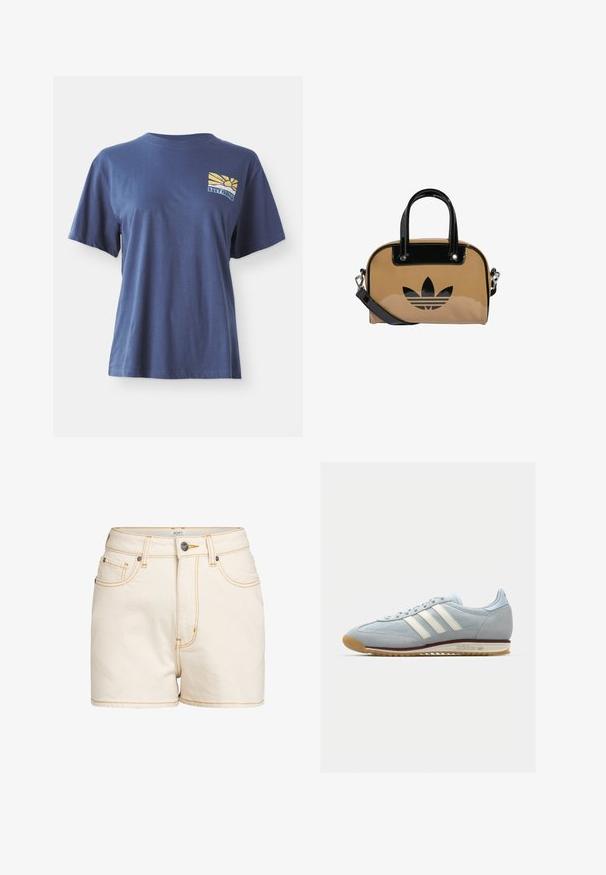 Mornarsko modra bombažna majica s kratkimi rokavi, s grafiko rumeno-modrega sončnega vzhoda na levem prsu, označena z "ROXY PARADISE."; Bež traper hlače s visokim pasom, z nasprotnim rumenim šivom, sprednjimi žepi in blagovno znamko na kovinskemu gumbu.; Svetlo modri semiš copati s belimi tremi črtami, gumijastim podplatom in teksturirano mrežico. Imajo gladek pokrov prstov in blagovno znamko na peti.; Svetlo rjav torbica z črnimi lakastimi usnjenimi dodatki, zaobljene oblike, dvojni ročaji in izbočeno črno logotip na sprednji strani.