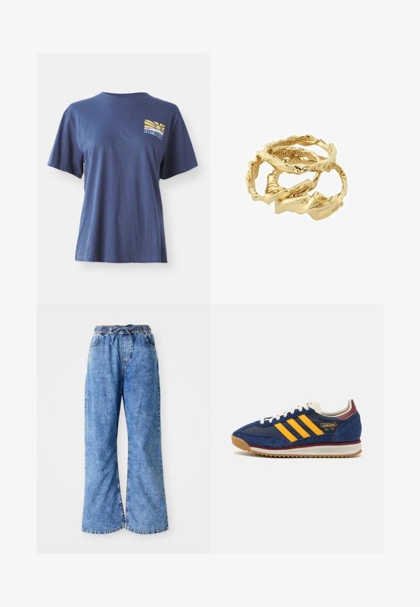 Tamnoplava pamučna majica s kratkim rukavima, koja na lijevoj strani prsnog dela ima grafiku s izlaskom sunca u žutoj i plavoj boji, s natpisom "ROXY PARADISE."; Svijetloplave traperice širokog kroja s elastičnom trakom i vezicom u struku. Ima dvostruko šivane šavove i sirovi rub. Nema vidljivih džepova.; Mornarične nubuk tenisice sa žutim trakama, bijelim čipkama i burgundskim detaljima. Teksturisani đon s utorima za prianjanje. Logo brenda sa strane.; Zlatni prstenovi s uvijenim dizajnom složeni zajedno, sa strukturiranom površinom i glatkim, zaobljenim ivicama, stvarajući organski, fluidan izgled.