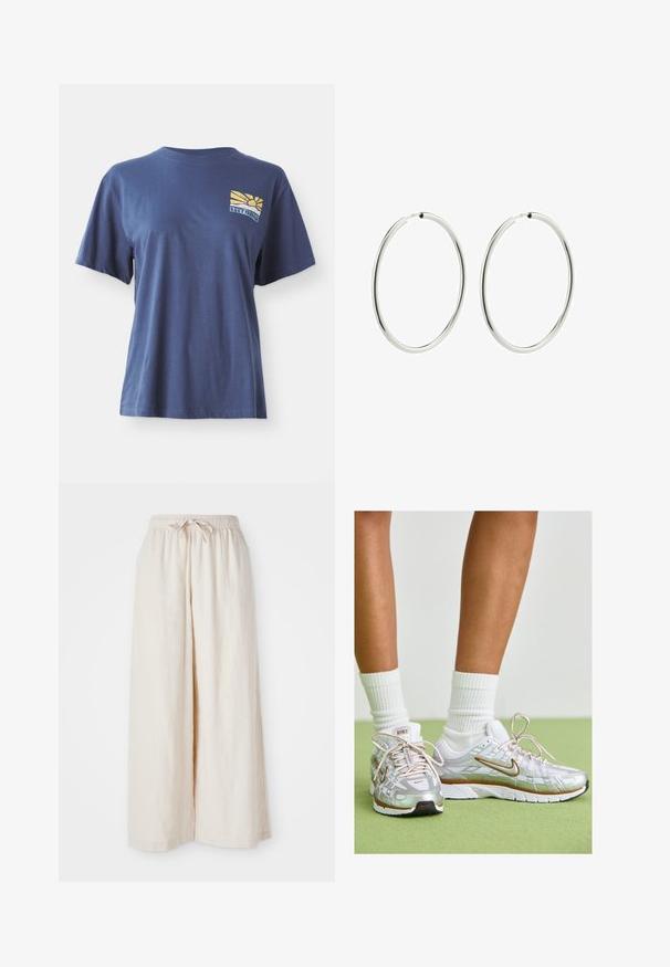 Mørkeblå bomulds T-shirt med korte ærmer, med et gult og blåt solopgangs graphic på venstre bryst med teksten "ROXY PARADISE."; Bredde ben, flødefarvede bukser med elastisk talje og snor. Glat, let linnedstof uden synlige mønstre eller hardware.; Sølv atletik sko med hvide og gyldne accenter, der har en mesh-overdel, gummisål og en reflekterende finish. Strømper synlige over anklen.; Sølv hoops øreringe med en glat, poleret overflade. Cirkulær form, ensartet bredde, designet til nem lukning. Enkle og elegante.