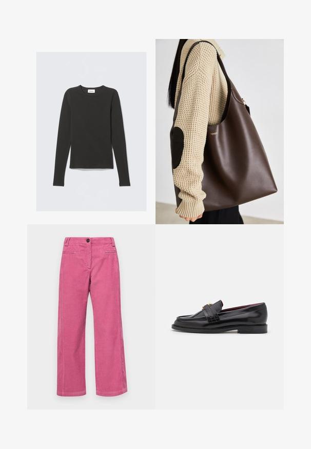 Weekday Tops ar garām piedurknēm - black; PS Paul Smith WOMENS TROUSERS - Auduma bikses - pink; Melnas ādas mokasīnas ar izšūtu rakstu, gludu virsmu, zelta sprādzi un noapaļotu purngalu, novietoti uz zemas melnas zoles.; Brūna ādas plecu soma ar ietilpīgu dizainu. Tai ir gluda tekstūra un diskrēts zelta logo. Pāris ar krēma krāsas adītu džemperi.