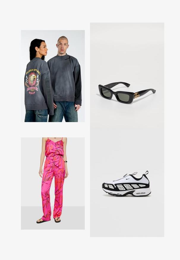 Overgrote grijze sweatshirt met een afbeelding van een arend, een kleurrijke banner en de tekst "Multiply Apparel" op de achterkant. Zachte textuur.; Roze satijnen camisole en bijpassende broek met een levendig bloemmotief in oranje en blauw, met een ontspannen pasvorm en hoge taille.; Nike sneaker in wit en zwart. Heeft een gestroomlijnd ontwerp, ademend mesh en contrasterende geperforeerde panelen. Zichtbare luchtunit in de zool.; Zwarte rechthoekige zonnebril met donkergroene glazen, met een glanzend gouden logo aan de zijkant. Gladde plastic montuur met een gedurfde uitstraling.