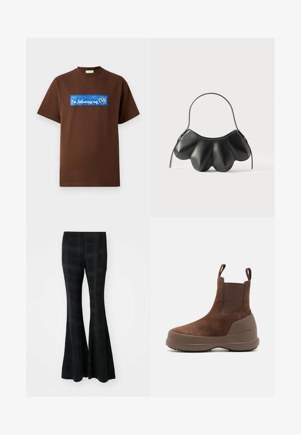 Brown cotton t-shirt with a crew neck and short sleeves. Features a blue graphic text stating, "I'M NOT LOST, I'm following my Star Sign."; Black flared trousers made from a smooth material, featuring a checked pattern that creates a subtle texture and tailored fit.; Brown suede ankle boots with a rounded toe, elastic side panels, and a solid rubber sole. Features a pull tab for easy wear.; Black leather handbag with a curved shell-like design, featuring a single strap and a zipper closure. Smooth texture with stitched accents.