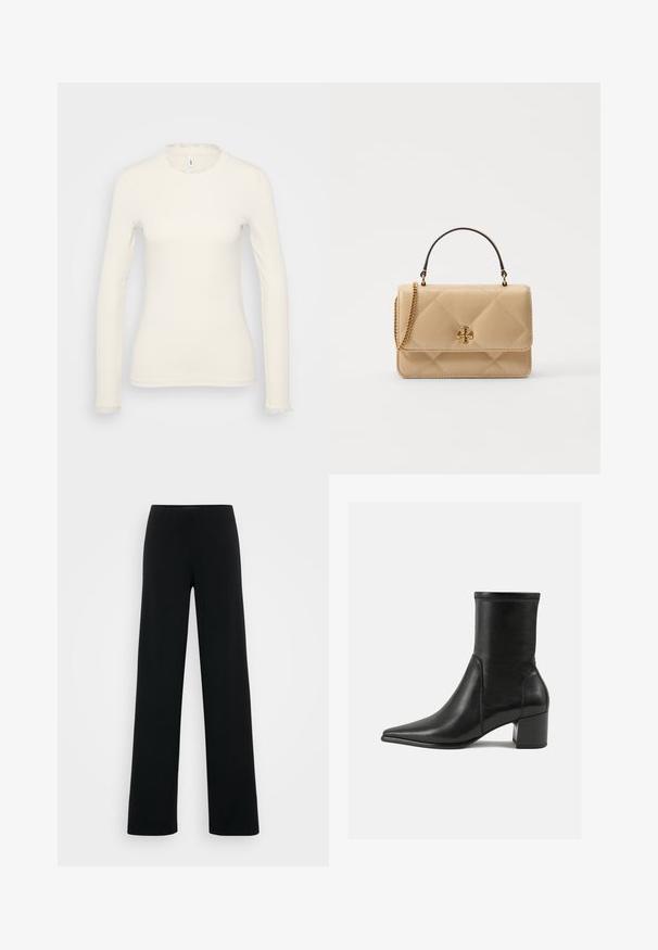 Dugi rukav bijela majica s rebrastom teksturom. Ima delikatni naborani izrez i rubove na rukavima. Jednostavan, prilagođen dizajn.; Vero Moda Tall VMBERLIN ZAMIRA WIDE - Hlače - black; Crne gležnjače od glatke kože, s šiljastim prstom, blok petom i izraženim uvećanim šavom na gornjem rubu.; Kvadrišna bež kožna torba s zlatnim hardverom, lančana naramenica i gornja ručka. Ima prednji poklopac i detalj s potpisom.