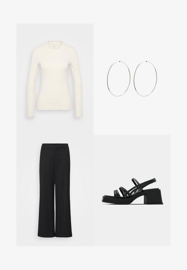 Pitkähihaisessa valkoisessa paidassa on ribbed-kudonta. Siinä on herkkä röyhelökaulus ja hihat. Yksinkertainen, tiukka malli.; Mustat leveälahkeiset housut, joissa on valkoisia raitoja, valmistettu sileästä kankaasta. Niissä on tasainen vyötärö ja räätälöity muotoilu, joka tuo rakennetta kiharoiseen istuvuuteen.; Mustat korot sandaalit, joissa on useita ohuita hihnoja ja leveä paksu korko. Tyylikäs muotoilu, jossa on matta pinta. Jalanpohjassa on hieman kaarevuutta.; Hope hopeita hopeita, joissa on sileä, pyöreä muoto ja kiiltävä pinta. Ne ovat ohuita ja kevyitä, ja niissä on yksinkertainen lukitus.