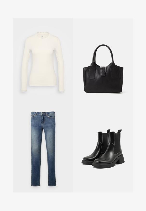 Dugi rukav bijela majica s rebrastom teksturom. Ima delikatni naborani izrez i rubove na rukavima. Jednostavan, prilagođen dizajn.; Tamno plave traperice sa ravnim fitom. Sadrže petlje za remen, dva prednja džepa i suptilno izbljeđivanje. Klasičan dizajn s pet džepova.; Crne kožne Chelsea čizme s debelim potplatom, elastičnim bočnim panelima i kontrastnim bijelim šavovima. Teksturirana površina.; Crna kožna torba za nošenje s glatkom teksturom, strukturiranim oblikom, dvije ručke i istaknutim srebrnim kopčanjem na prednjoj strani.; Srebrna dvostruka prsten s glatkom, poliranom površinom. Karakterizira ga fluidan, zakrivljen dizajn s preklapajućim sekcijama za moderan izgled.