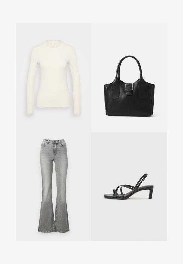 Balta ilgomis rankovėmis palaidinė su šonkauliuotu tekstūru. Yra subtilus raukinys aplink kaklo ir rankovių kraštą. Paprastas, prigludęs dizainas.; Pilkos plačios džinsinės kelnės, pagamintos iš džinsinio audinio, su aukštu liemeniu, priekinėmis kišenėmis ir blukimo efektu. Apačia šiek tiek platesnė, sukurianti plačią formą.; Juodi šlepetės su kvadratiniu pirštu ir žemu bloku kulnu. Yra keli ploni dirželiai ir reguliuojamas kulkšnies diržas. Pagaminti iš lygios odos.; Juodas odinis nešiojamas krepšys su lygiu paviršiumi, struktūrine forma, dviem rankenėlėmis ir ryškiu sidabriniu sagties akcentu priekyje.