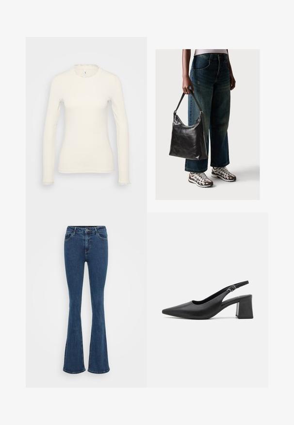 Langermet hvit topp med ribbet tekstur. Har en delikat volangkant ved halsen og nederst på ermene. Enkel, figurnær design.; Uformede denimjeans i mørkeblå, med et klassisk fem-lomme design, kontraststing og en knaplukning i taljen.; Svart lær slingback hælsko med spiss tå og kraftig klosshelt. Har justerbar stropp med metallspenne.; Sort skinnveske med en glatt tekstur og justerbar stropp, kombinert med falmede vide jeans og atletiske sneakers.