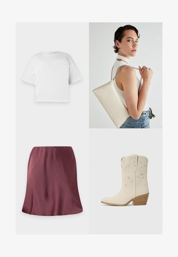 T-shirt branca cropped feita de algodão suave, com gola redonda e mangas curtas e largas. Design simples e limpo, sem padrões visíveis.; Uma saia de cetim bordô com uma textura suave, apresentando uma silhueta em A e uma bainha ligeiramente curva. Sem fechos ou adornos visíveis.; Bota de cowboy de couro branco com bordado floral, bico pontudo e salto de madeira empilhado. Apresenta costura decorativa no cano.; Bolsa de mão retangular branca, feita de material brilhante, com uma alça em corrente prateada. Modelo posa, exibindo a bolsa contra um fundo simples.