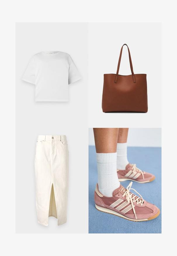 Hvit avkortet T-skjorte laget av glatt bomull, med rund hals og korte, vide ermer. Enkelt, rent design uten synlige mønstre.; Hvit denimskjørt med splitt foran, med høy midje, beltesløyfer og klassisk femlommersdesign. Teksturert stoff med sømdetaljer.; Rosa semsket og nylon sneakers med hvite striper og lisser. Teksturerte detaljer og lys gummisåle. Kombinert med hvite ribbestrikkede sokker.; Brun lær tote veske med en jevn tekstur, åpen toppdesign og to skulderstropper. Har minimal søm og ingen synlige spiker.