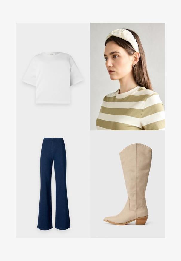Hvit avkortet T-skjorte laget av glatt bomull, med rund hals og korte, vide ermer. Enkelt, rent design uten synlige mønstre.; Mørkeblå svingbukser laget av denim med elastisk midje. Har en glatt tekstur og bred ben-design som strekker seg til kanten.; Beige semsket kneehøye støvler med spiss tå, stablet hæl og synlige sømdetaljer. Glatt tekstur med enkel design.; Kremfarget polstret hodebånd med tvunnet design, kombinert med en beige og hvit stripete skjorte med rund halsutskjæring. Subtile smykker som aksenter.