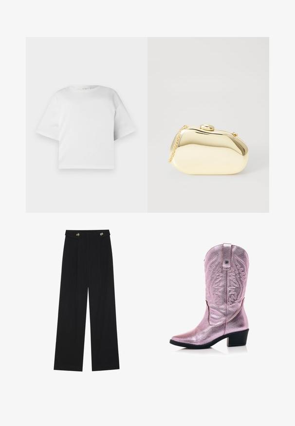 Camiseta blanca corta hecha de algodón suave, con cuello redondo y mangas cortas y anchas. Diseño simple y limpio, sin patrones visibles.; Pantalones de pierna ancha negros con cintura alta, detalles de botones en la cinturilla y pliegues en la parte delantera.; Botas de cowboy metálicas rosas con punta estrecha y afilada, costuras decorativas y un tacón bajo en bloque. El acabado texturizado añade un interés visual.; Clutch metálico dorado con una forma suave y redondeada, que presenta un cierre de botón en la parte superior y una pequeña correa de cadena para llevar.; Diadema acolchada crema con diseño trenzado, acompañada de una camiseta de rayas beige y blanca con cuello redondo. Sutiles acentos de joyería.