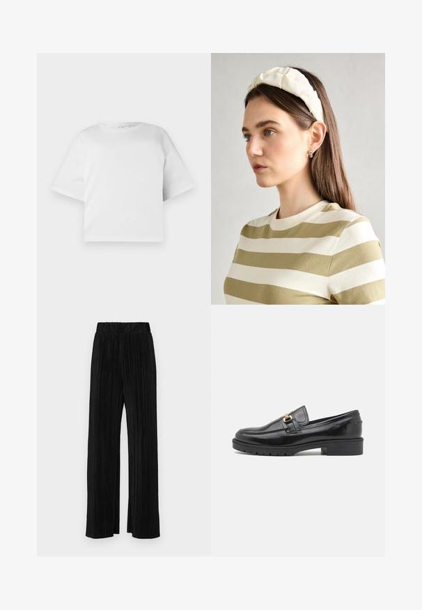 Hvit avkortet T-skjorte laget av glatt bomull, med rund hals og korte, vide ermer. Enkelt, rent design uten synlige mønstre.; Sorte plisserte bukser med elastisk midje. Har vide ben og et glatt, strukturert stoff med vertikale striper.; Sorte lakkloafers med rund tå, gullhardwaredetaljer, teksturert gummisåle og lav blokkheel.; Kremfarget polstret hodebånd med tvunnet design, kombinert med en beige og hvit stripete skjorte med rund halsutskjæring. Subtile smykker som aksenter.