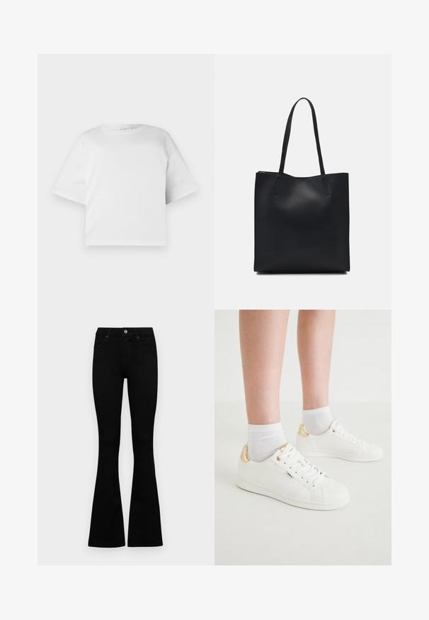 Valge lühikeste varruka ja laia kaelusega lühike t-särk, mis on valmistatud siledast puuvillast. Lihtne ja puhas disain, ilma nähtavate mustriteta.; Mustad kõrge vöökohtadega teksad, millel on nööp ja lukuga sulgemine, esikäe taskud ja laienevad sääred, asetatud tasasele valgele taustale.; Valged spordijalatsid siledas viimistluses, millel on kuldne aktsent kandadel, lipsudega esiosa ja minimalistlik disain. Koos valgete sokkidega.; Mustast nahast kott sujuva tekstuuriga, ristkülikukujuline ja kahe pika sangaga. Pole nähtavat riistvara ega kaunistusi.