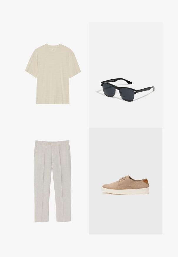 T-shirt a maniche corte di colore crema con una delicata trama a righe e scollo rotondo, realizzato in tessuto leggero.; Pantaloni in lino beige chiaro con gamba dritta, texture sottile, due tasche anteriori e chiusura con un bottone in vita.; Sneaker in suede beige con punta arrotondata, stringhe davanti e un accento testurizzato sul retro. La suola in gomma bianca offre un contrasto. Design semplice e moderno.; Occhiali da sole neri con forma rettangolare, lenti scure, dettagli in argento alle tempie e finitura opaca sulla montatura.